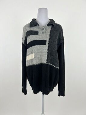 VTG Peruvian Link 100% Alpaca Patchwork Colorblock Polo Sweater Mens